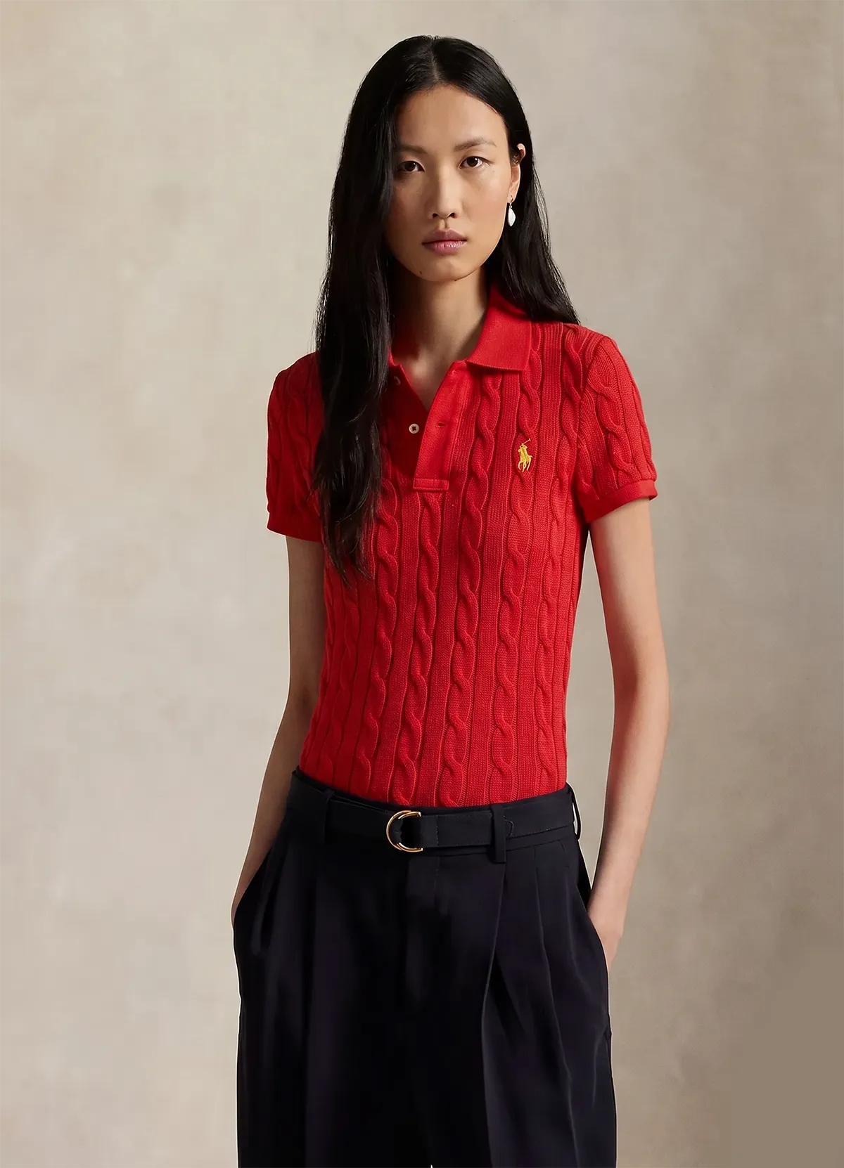 Ralph Lauren Women’s Red Cable-Knit Short-Sleeve Cotton Sweater
