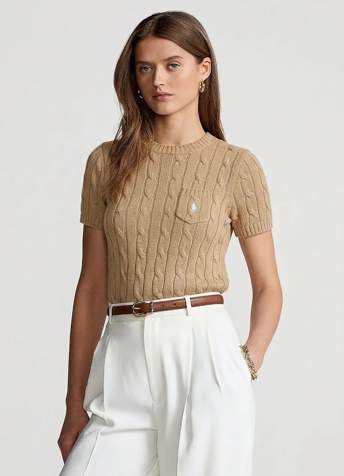 Ralph Lauren Women’s Tan Cable-Knit Short-Sleeve Cotton Sweater