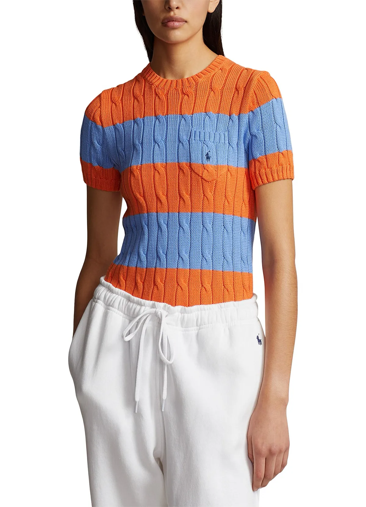 POLO RALPH LAURENSTRIPED CABLE-KNIT SHORT-SLEEVE SWEATER