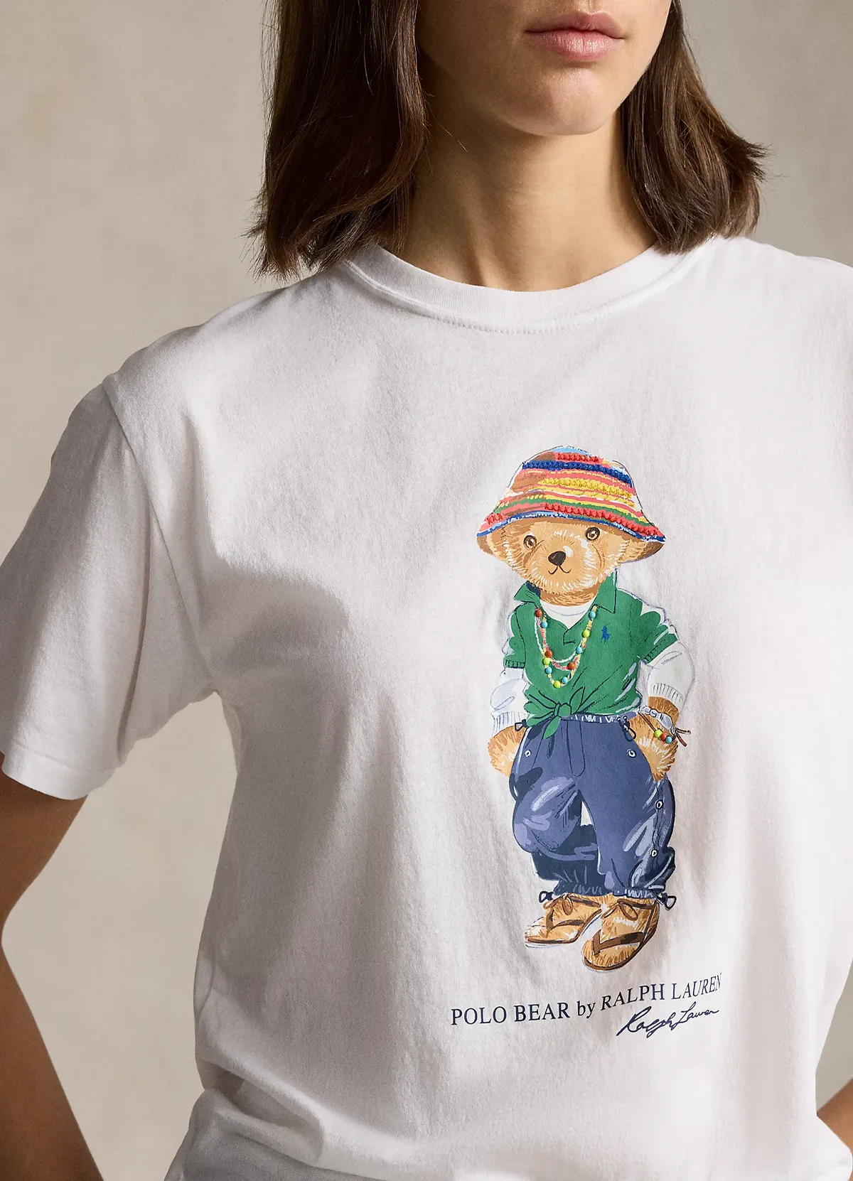 Women’s White Cotton Short-Sleeve Tee with Vacation Polo Bear Graphic by Ralph Lauren
