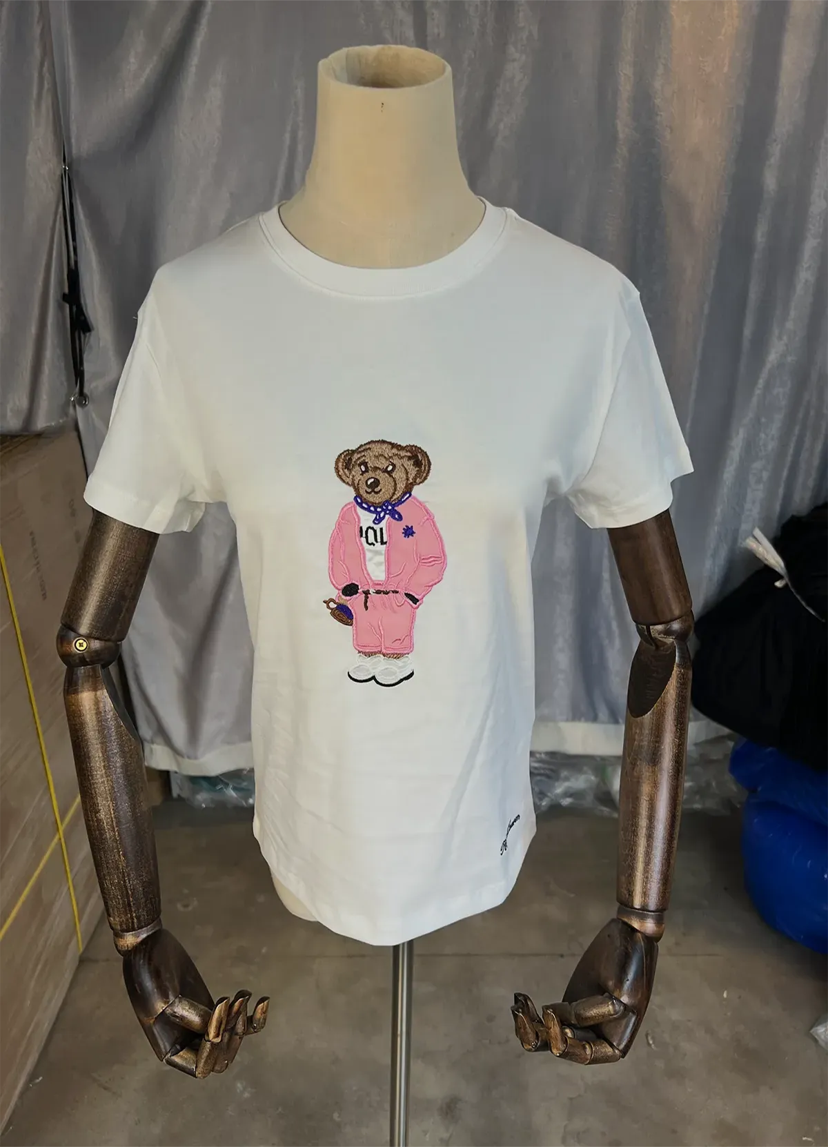 Women’s White Cotton Tee with Pink Tracksuit Polo Bear Graphic by Ralph Lauren