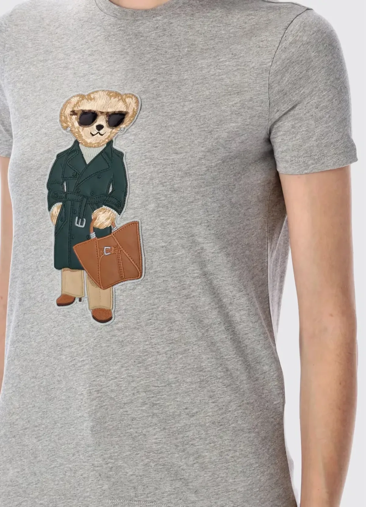 Grey Cotton Short-Sleeve Tee with Embroidered Trench Coat Bear Graphic