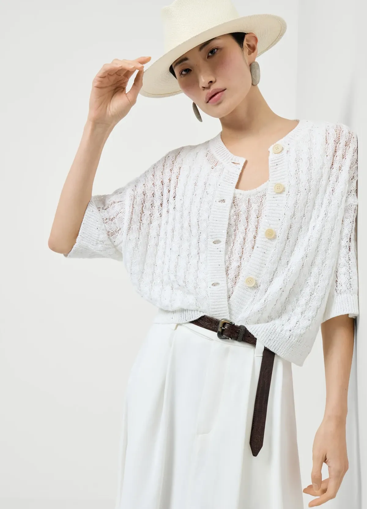 Brunello Cucineli Linen dazzling cable openwork white cardigan