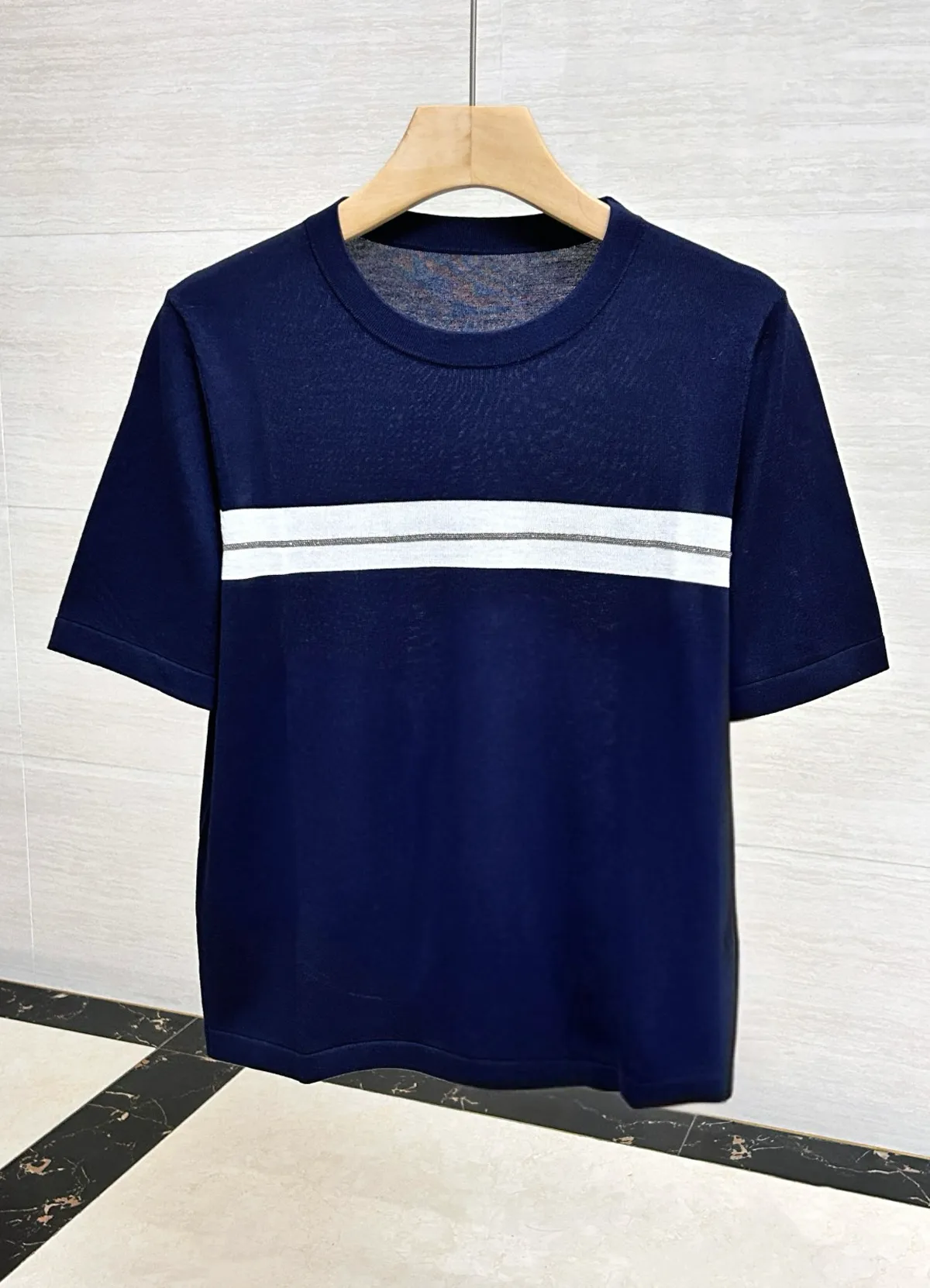 Brunello Cucinelli Women’s Navy Blue White Silver Stripe Crew Neck Short Sleeve Knit Top