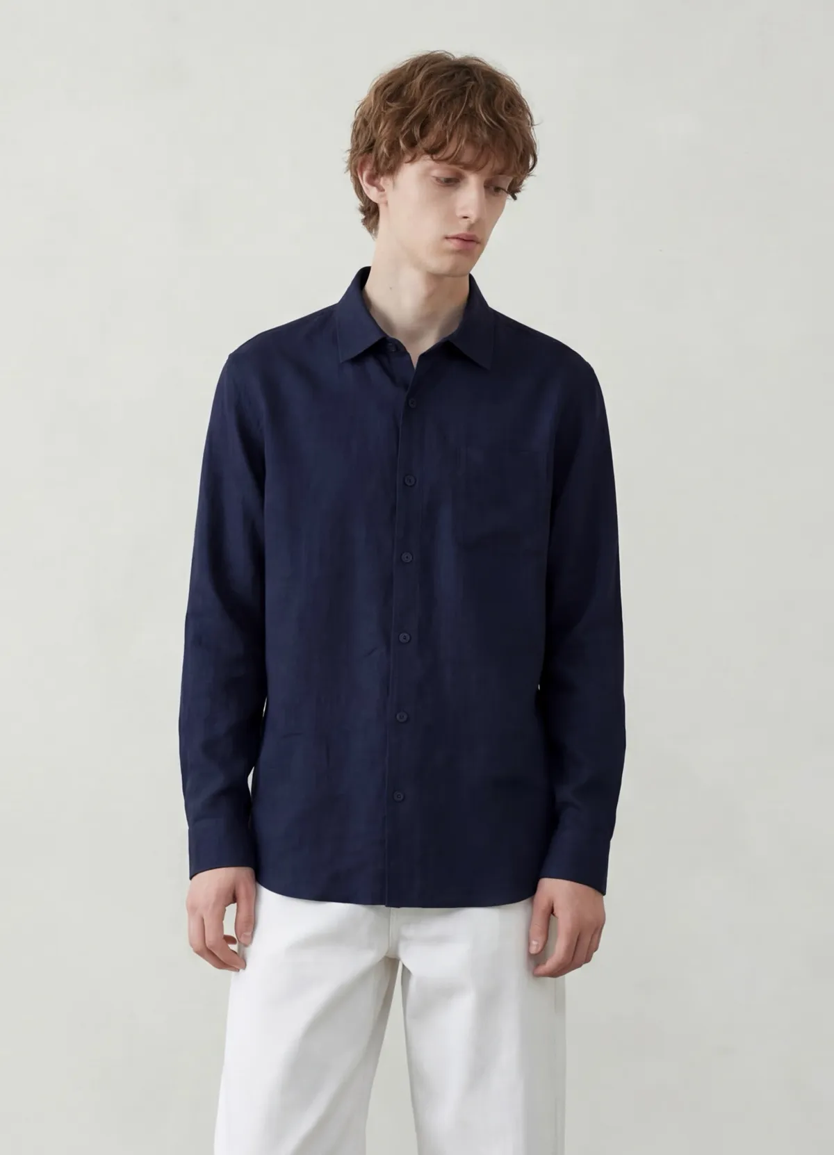 Men’s Navy Blue Long Sleeve Linen Blend Button-Down Shirt