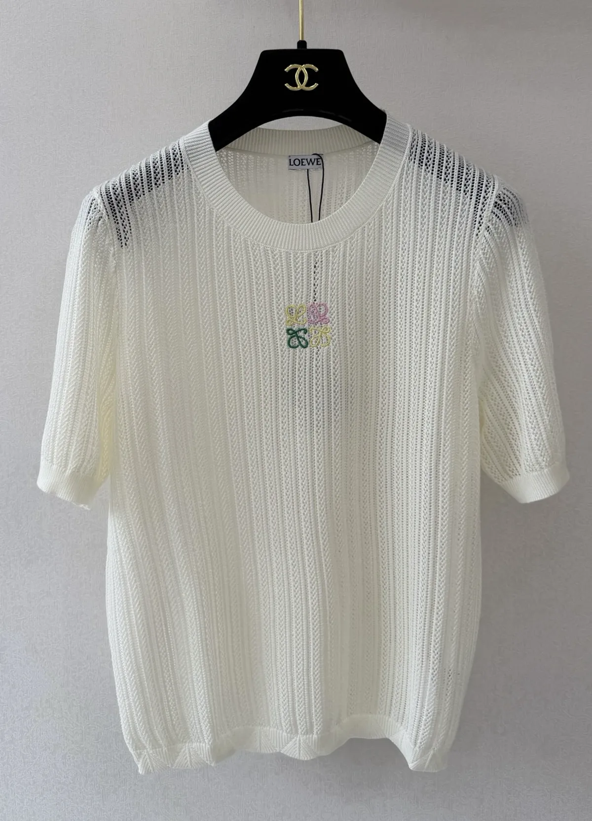 Loewe Women’s Cream White Openwork Ribbed Knit Crew Neck Short Sleeve Top