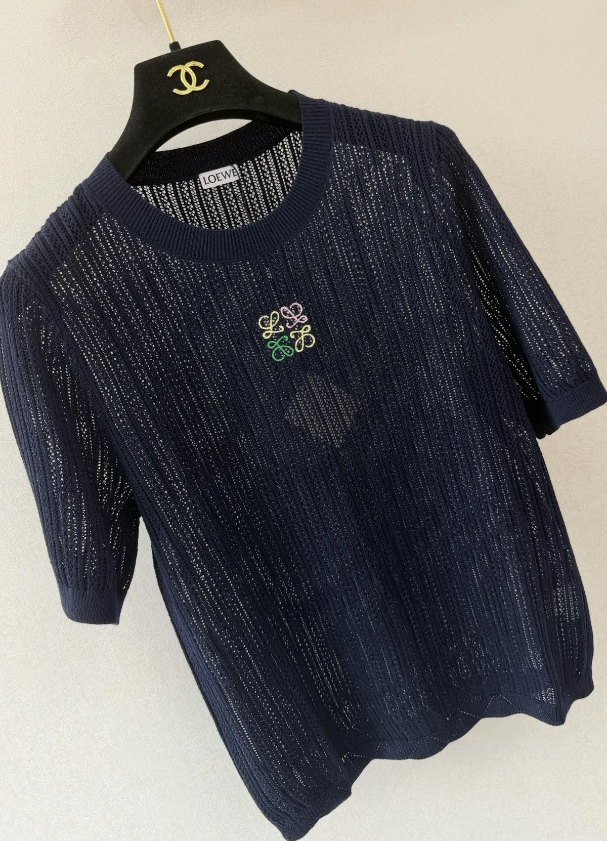 Loewe Women’s Navy Blue Openwork Ribbed Knit Crew Neck Short Sleeve Top
