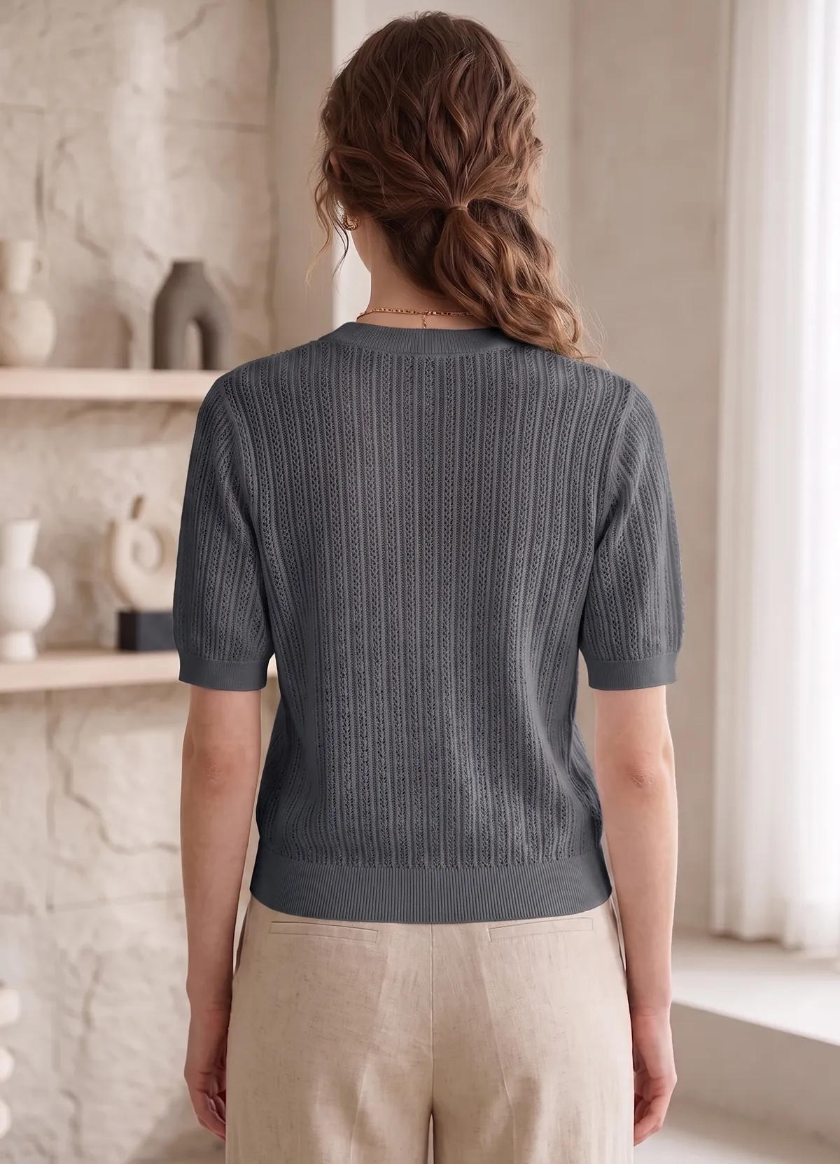 Loewe Women’s Charcoal Gray Openwork Ribbed Knit Crew Neck Short Sleeve Top