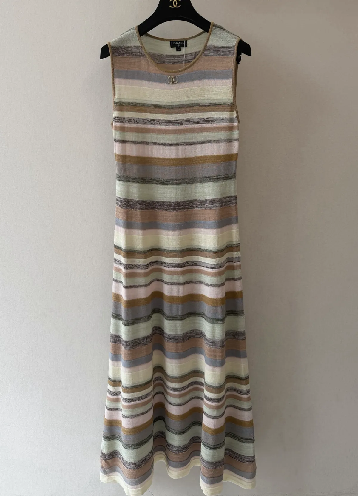 CHANEL Women’s Pastel Striped Sleeveless Knit Midi Maxi Tank Dress