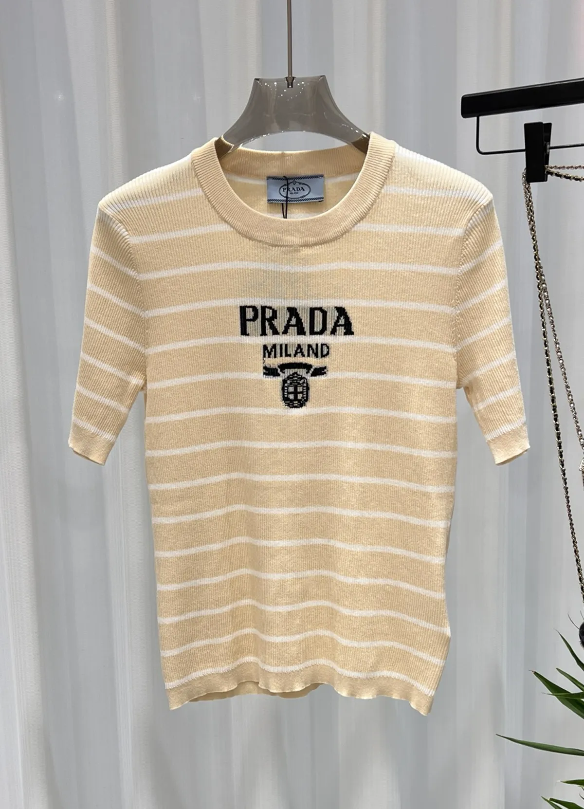 Prada Women’s Pale Yellow Silk Blend Striped Crew Neck Short Sleeve Knit Top