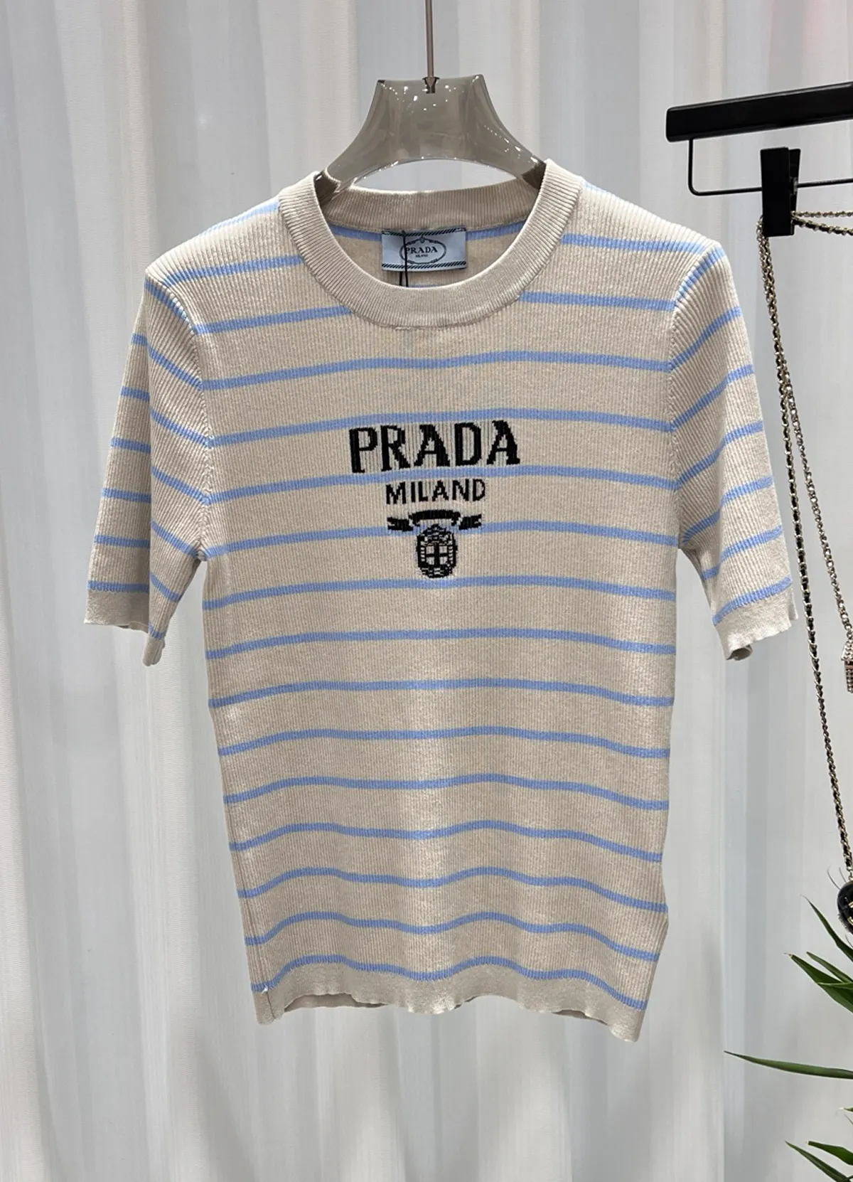 Prada Women’s Oatmeal Silk Blend Light Blue Striped Crew Neck Short Sleeve Knit Top